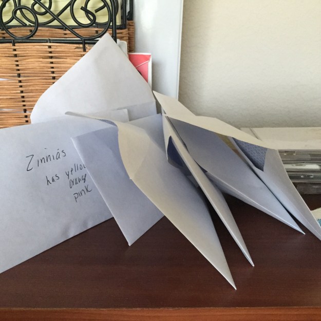 Zinnia, cosmos, daisy and marigold seeds are in these envelopes.