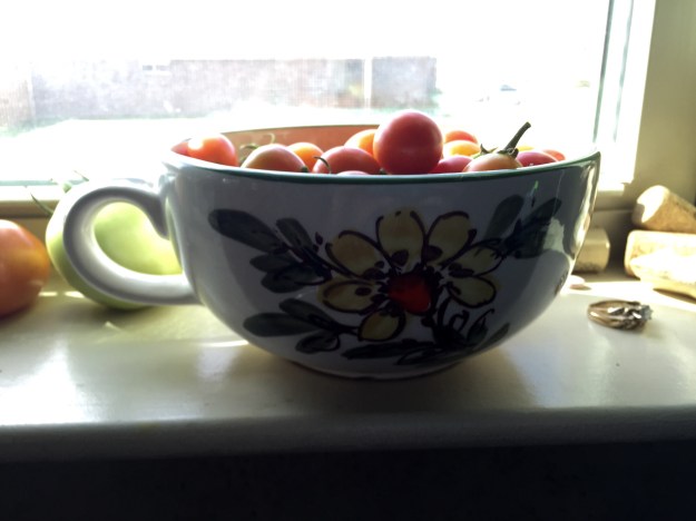 Cherry tomatoes get the honor of sitting in a bowl that belonged to my grandmother.